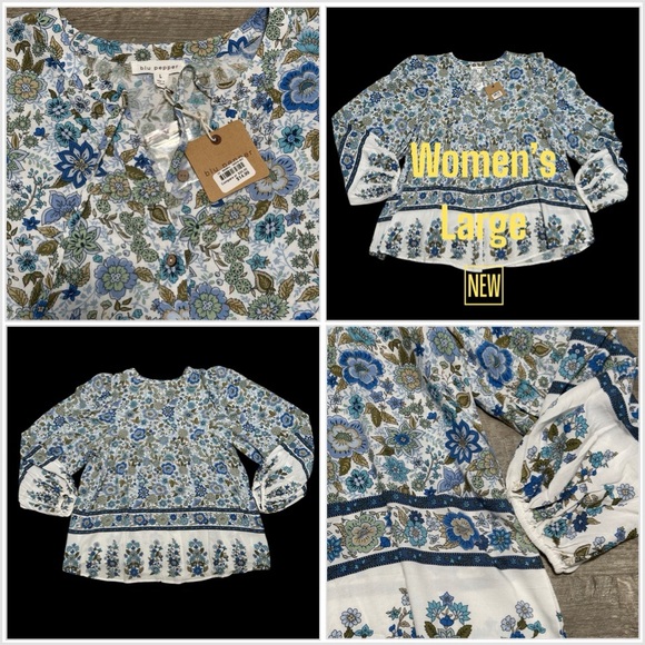 Women’s Blu Pepper Large Top Blouse Shirt Blue Green V-Neck Long Sleeve NWT - Picture 1 of 10